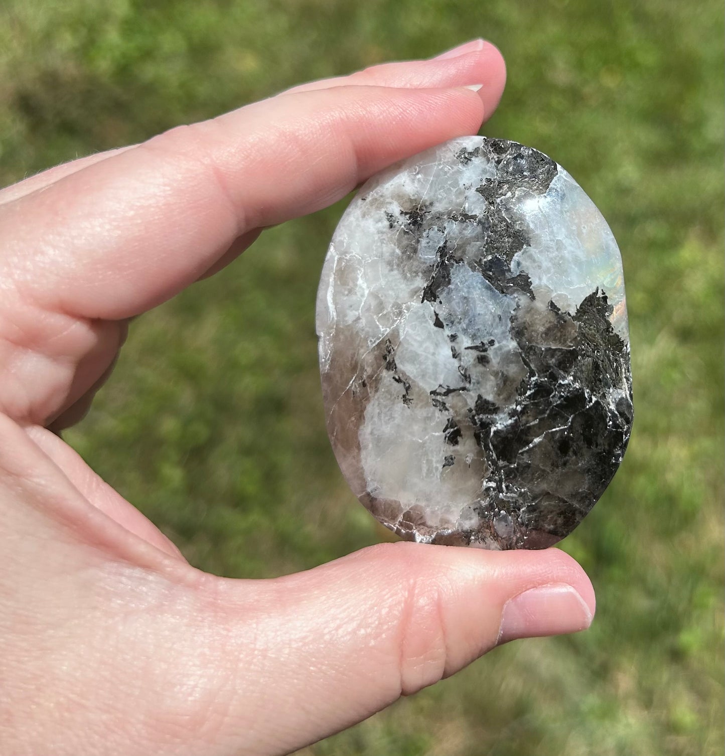 Rainbow Moonstone Palm Stone with Golden Flash